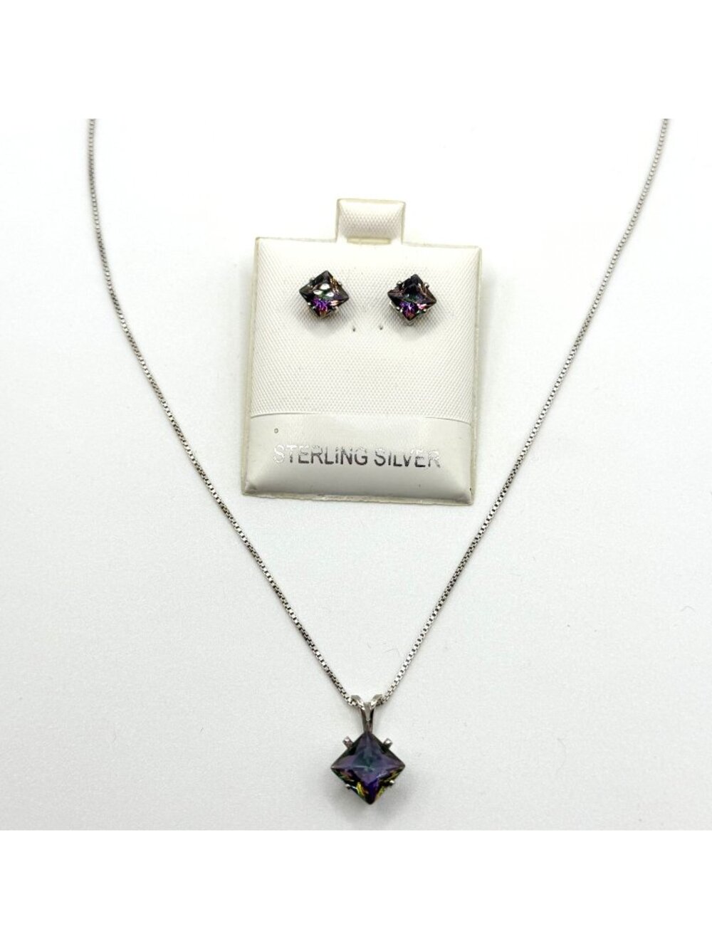 Sterling Silver Necklace & Earrings Set With Square Mystic Glass Pendant
